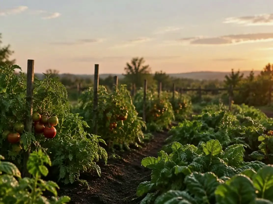 A backyard vegetable garden at golden hour — rows of tomato plants and leafy greens, warm evening light across dark tilled soil