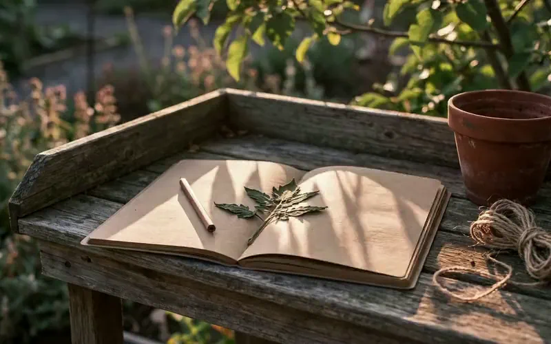 An open garden notebook with a pressed tomato leaf on a weathered potting bench in evening light