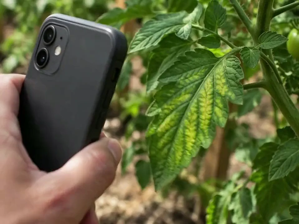 A smartphone camera held close to a tomato leaf showing yellowing between the veins, in a backyard garden
