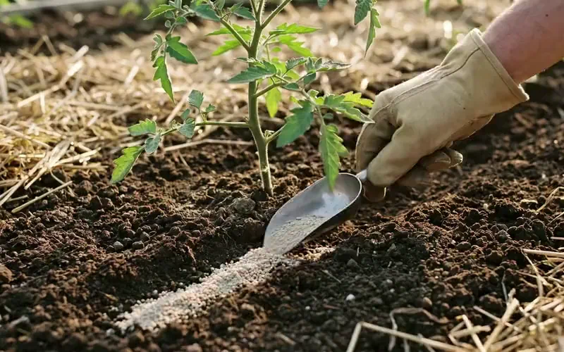 A gloved hand side-dressing a young tomato plant: a thin band of granular plant food laid on the soil a hand's width from the stem