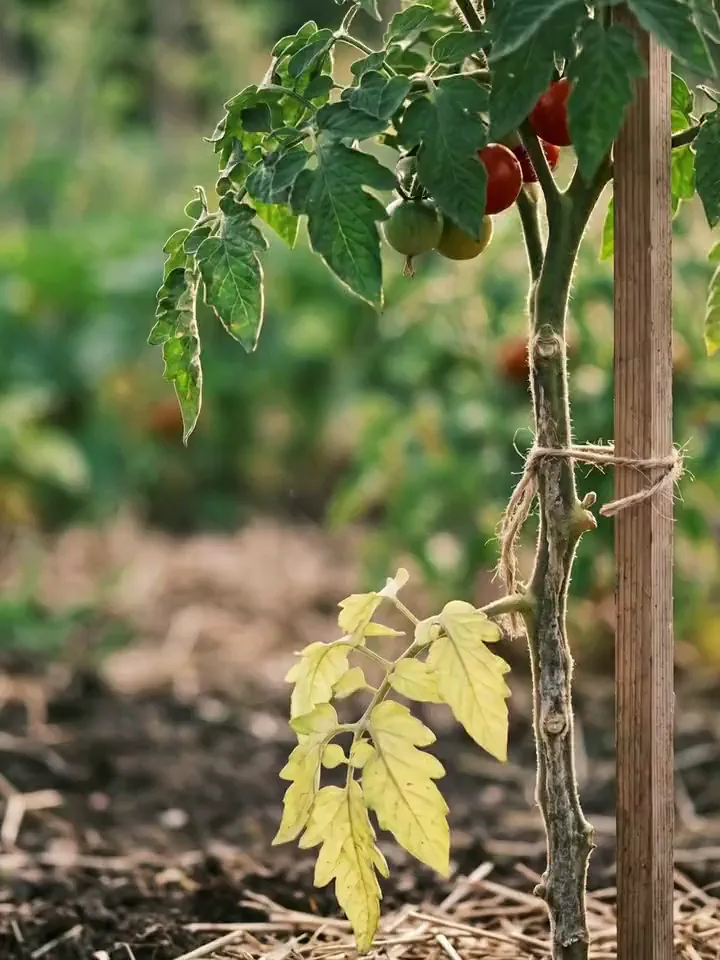 A staked tomato plant at golden hour: the lowest, oldest leaves have turned uniformly pale yellow while the growth above stays deep green